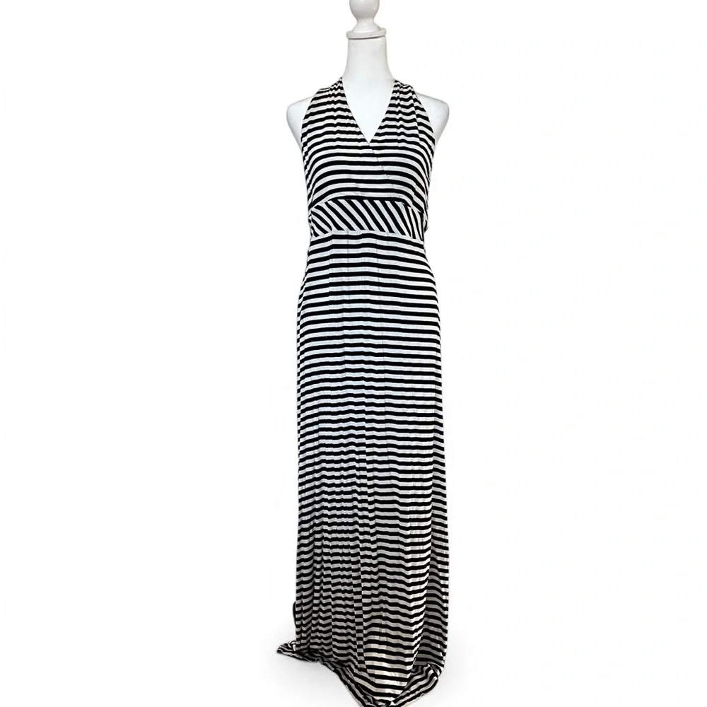 Ann Taylor Black White Striped Maxi Dress Racerback Medium Chic Vacation Resort - Picture 2 of 10